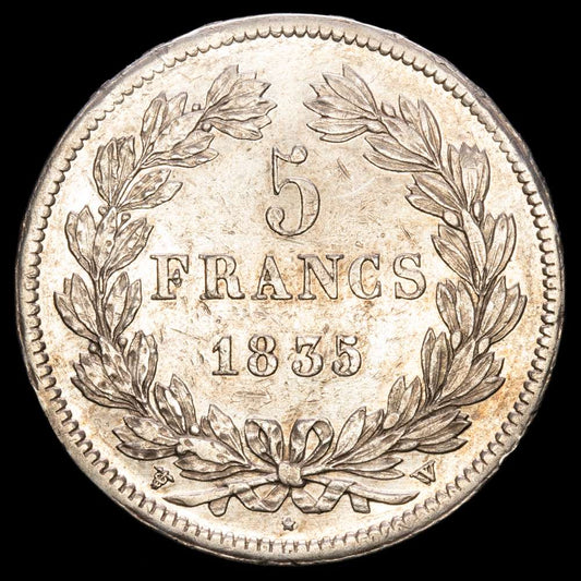 Francia – Louis Philippe I. 5 Francs. (24,89g.). Lille. 1835. Ensayador W. KM-749B. VF+.